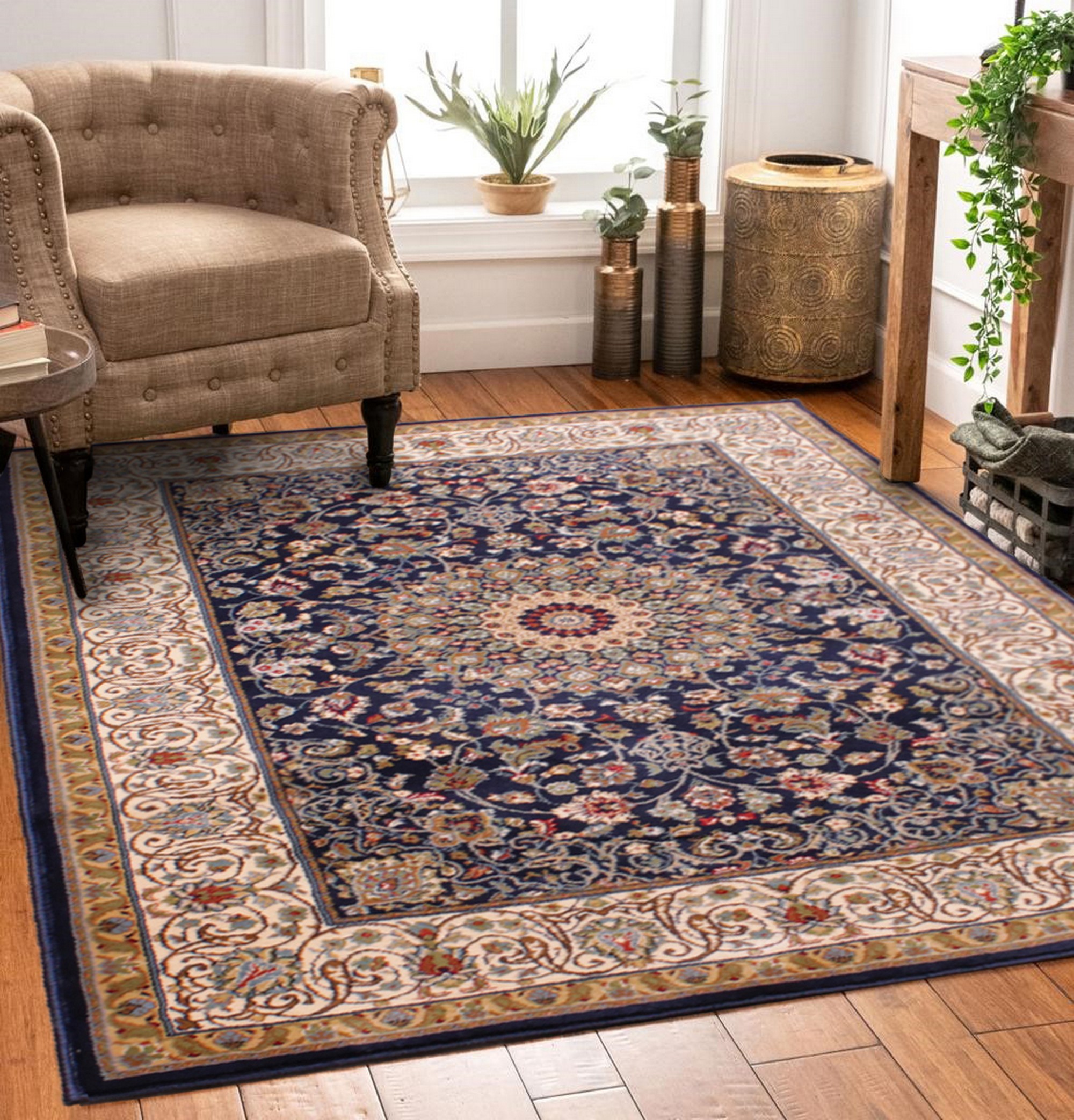 Madras 0772 Traditional Bordered Rugs In Navy Blue